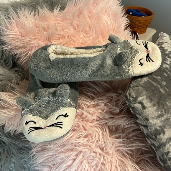 Kitty Cat Slippers Gray Plush Sequins House Shoes Lounge Dorm Womens 8 9 - Picture 5 of 7